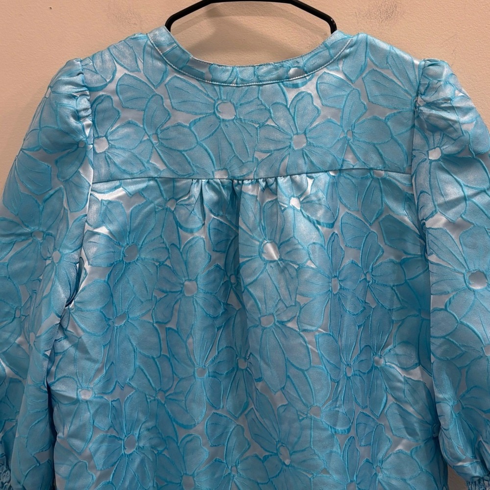 Pomander Place Blue Floral Jacquard Kenzo Tiered Mini Babydoll Dress Medium NEW - Picture 8 of 10